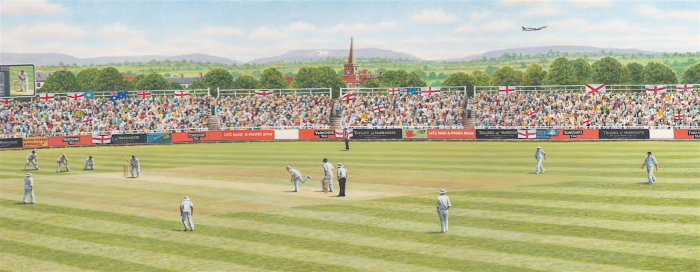 Ilustração de um campo de críquete para embalagens de chá Yorkshire