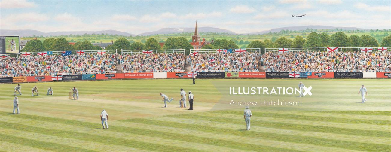 Illustration of a cricket ground for Yorkshire Tea packaging