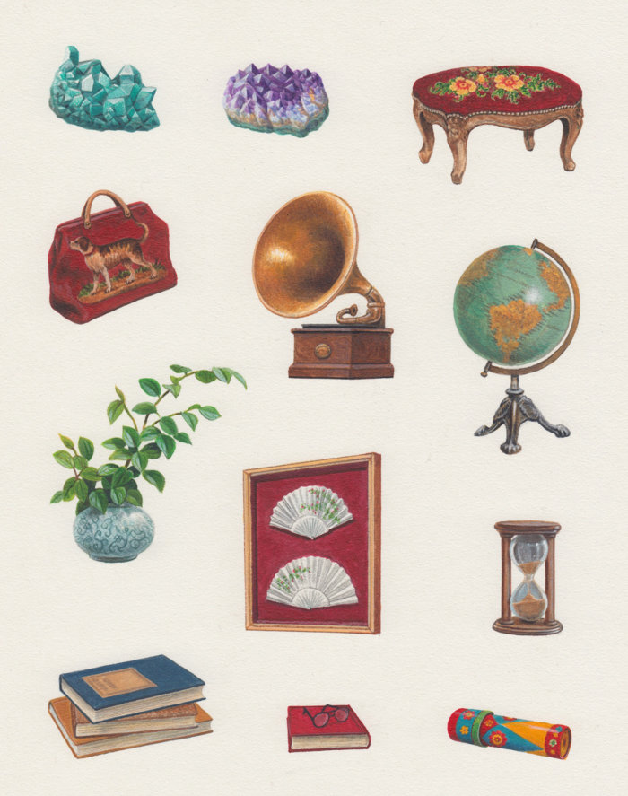 Jacquie Lawson commissioned an illustration of Victorian library materials