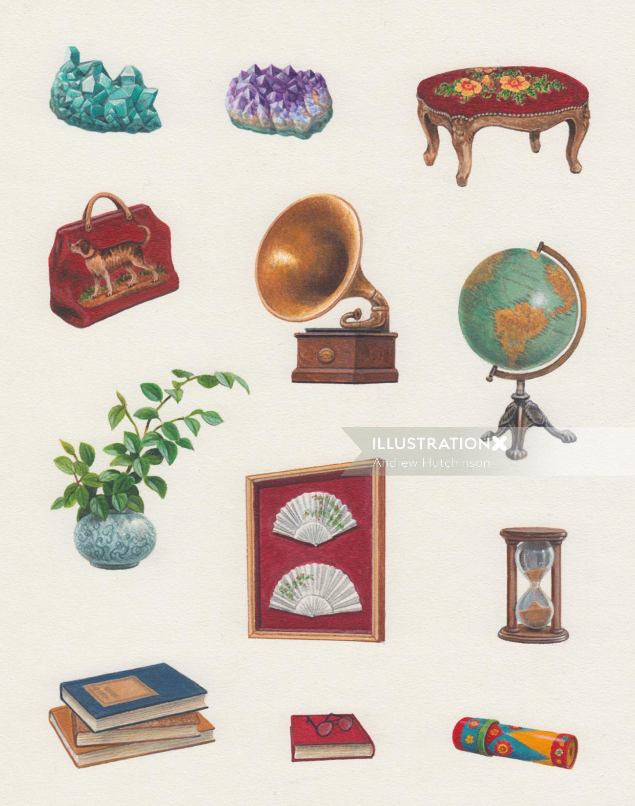 victorian library objects Illustration by Andrew Hutchinson