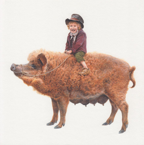 Child riding farm Pig 