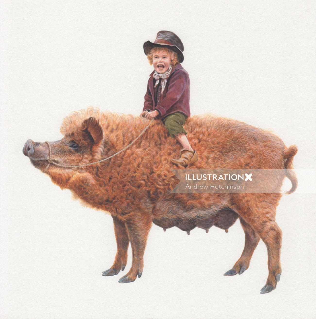 Child riding farm Pig 