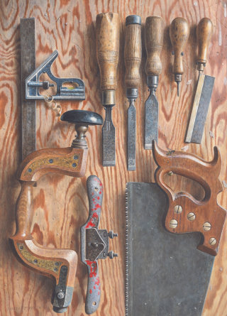 Photorealistic depiction of common carpentry equipment