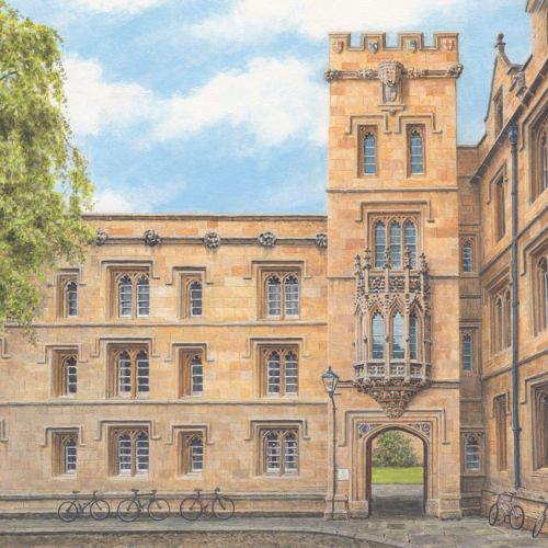 Historic Oxford University building with classical architecture and trees