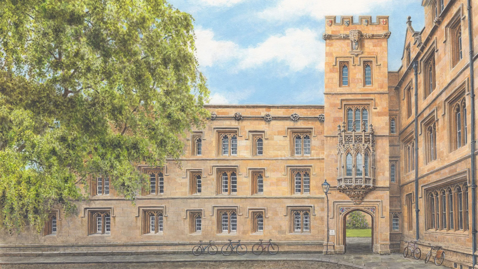 Historic Oxford University building with classical architecture and trees