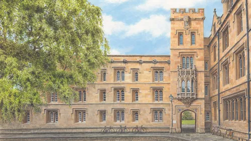 Historic Oxford University building with classical architecture and trees