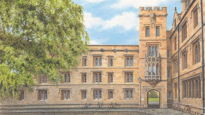 Historic Oxford University building with classical architecture and trees