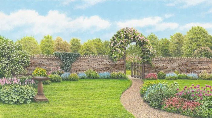Walled garden with green lawn, flowers, and wooden gate under blue sky