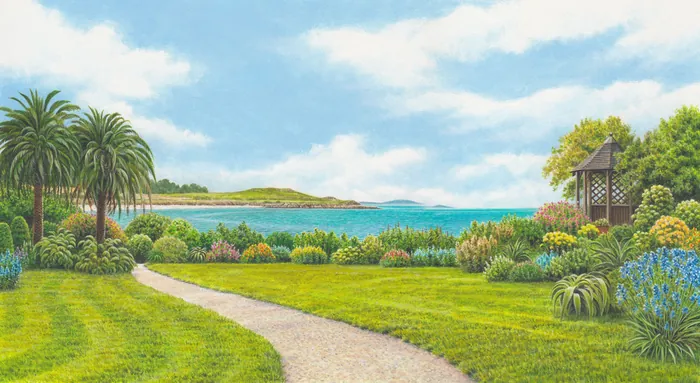 Path through garden with palm trees overlooking sea on a summer day