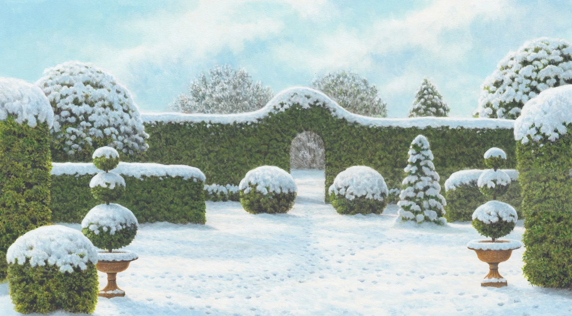 Snow-covered topiary garden with neatly trimmed bushes and blue sky