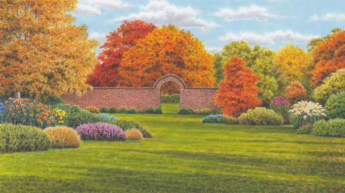 Autumn garden with colorful trees and a brick archway
