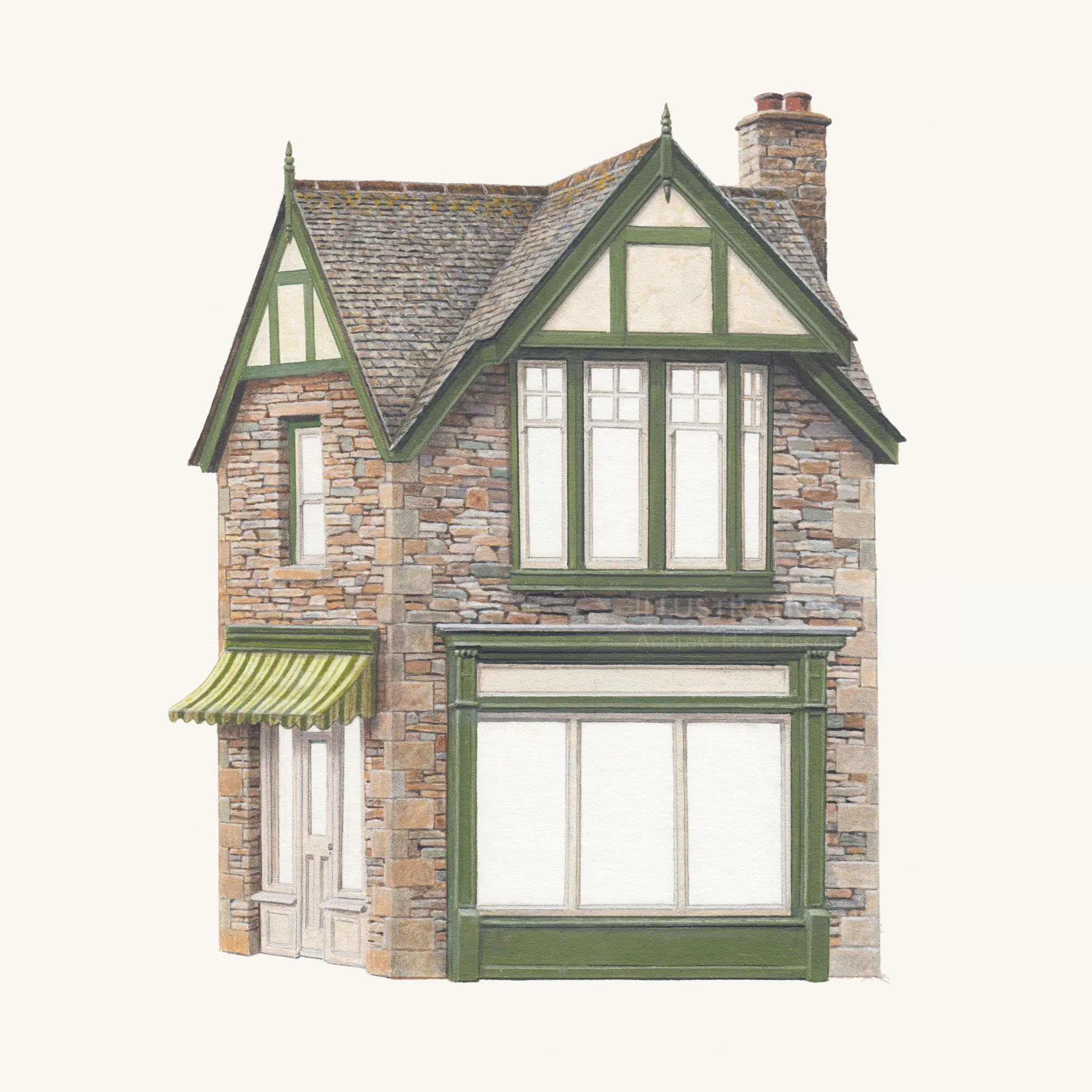 Illustration of a Tudor-style corner shop by Andrew Hutchinson