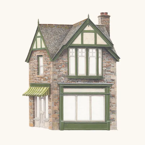 Illustration of a Tudor-style corner shop by Andrew Hutchinson