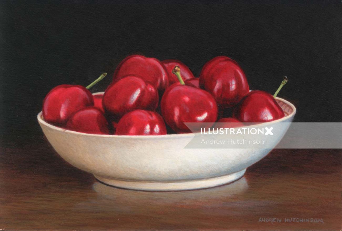 Food artwork of porcelain bowl of cherries