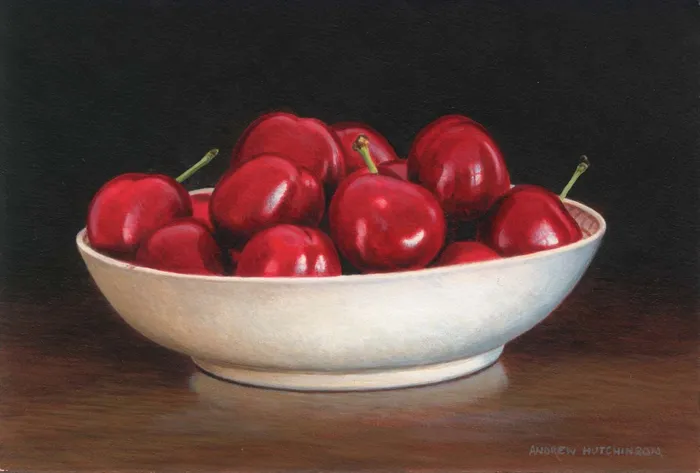 Food artwork of porcelain bowl of cherries