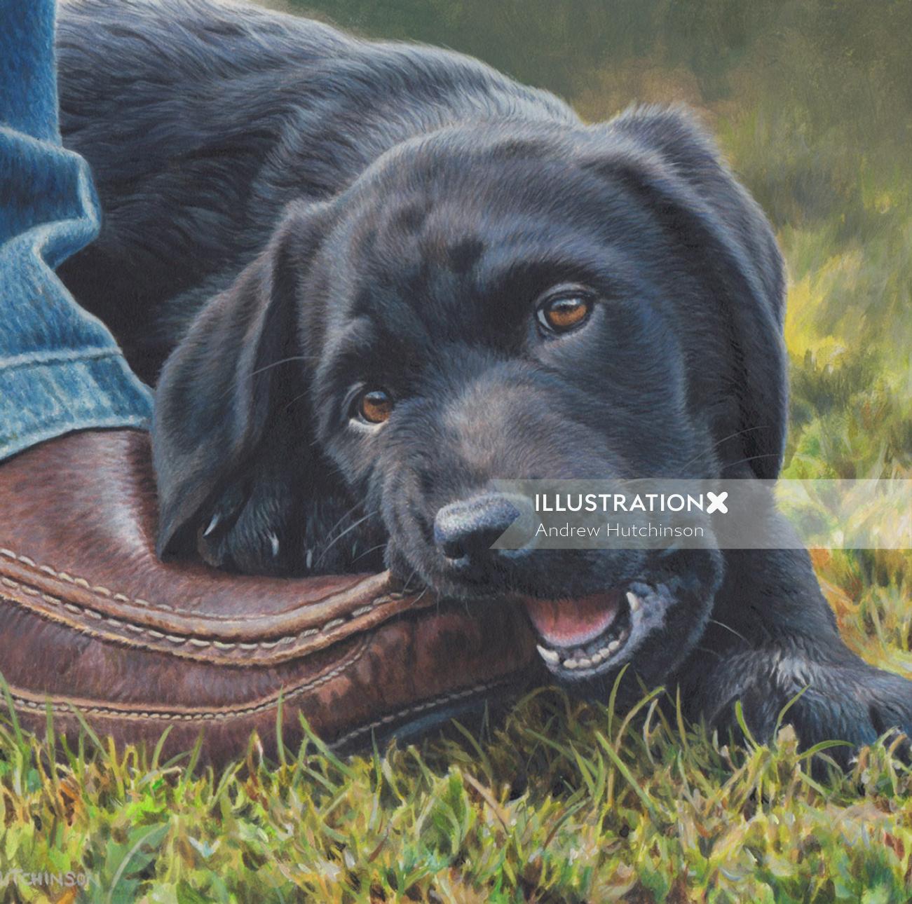 Pup of a Black Labrador painted in acrylic