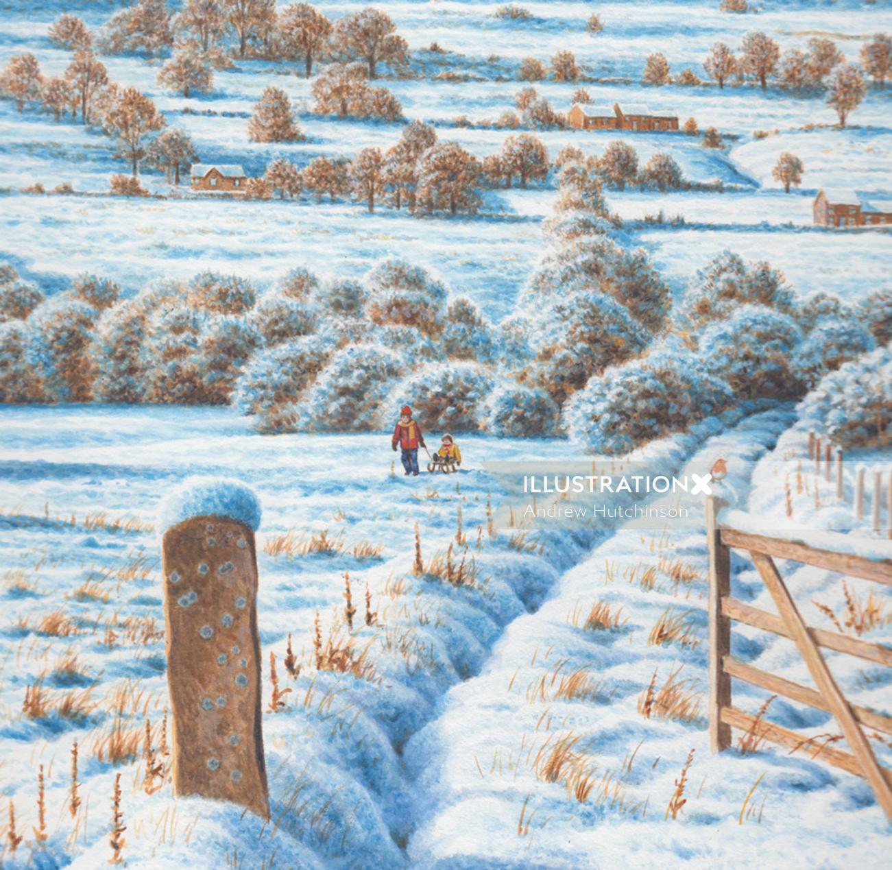 Snowfall on a Yorkshire tea farm illustration