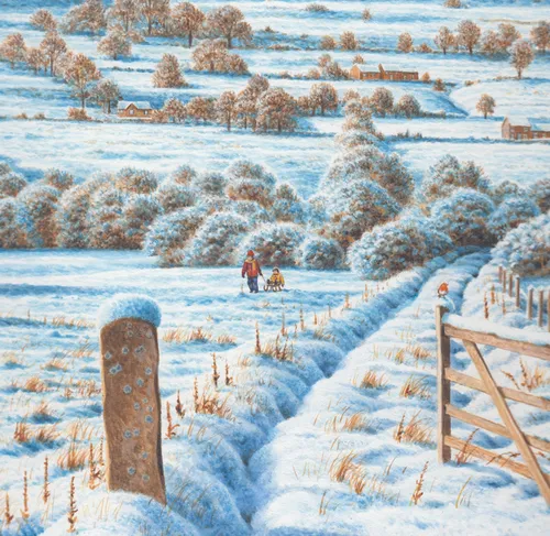 Snowfall on a Yorkshire tea farm illustration