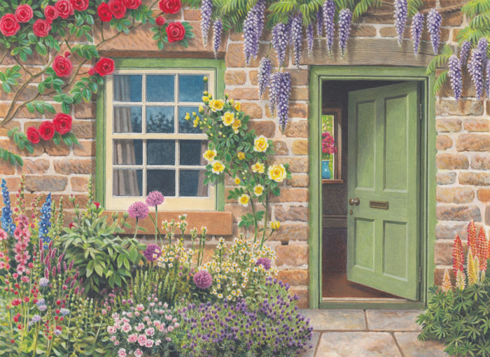 Para una tarjeta de Jacquie Lawson, un dibujo de la entrada de una cabaña con flores y vegetación.