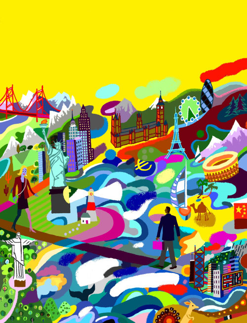 Colorful art of people and city
