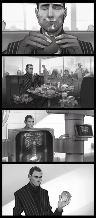 Black and white detective scenes including smoking, X-ray, and holding a skull by Andriy Vynogradov