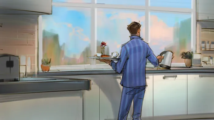 Person in blue pajamas watering plants on kitchen windowsill by Andriy Vynogradov