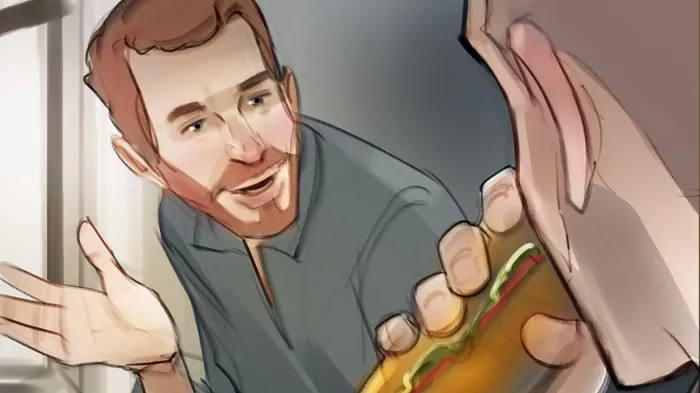 Man offering a hot dog to friend illustration by Andriy Vynogradov