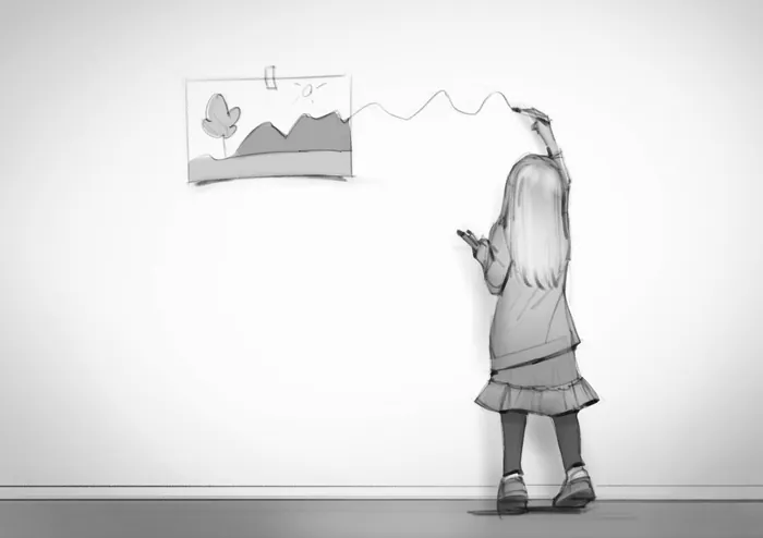 Girl drawing bird and landscape on wall by Andriy Vynogradov