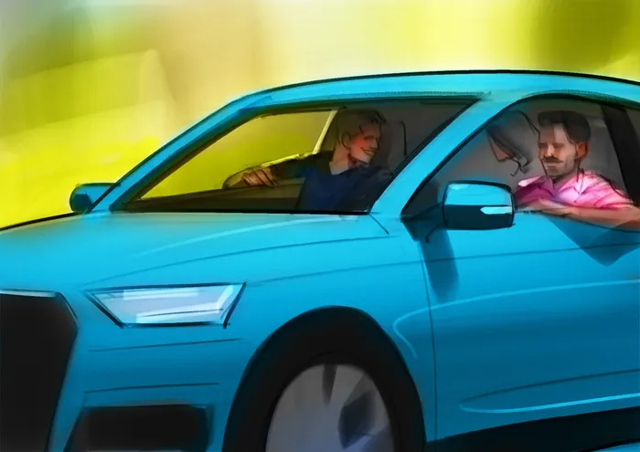 Two men driving a blue car, digital artwork by Andriy Vynogradov
