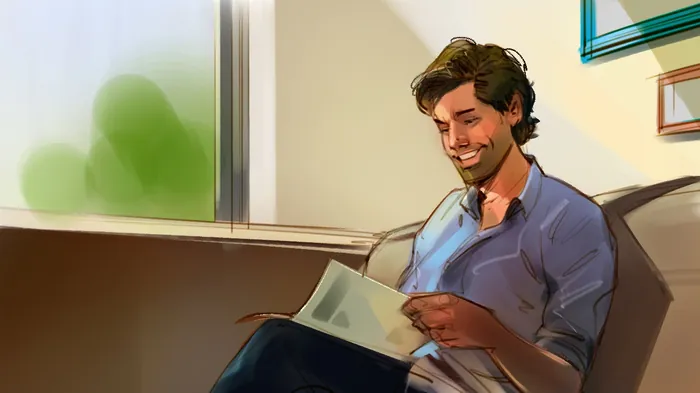 Man reading book on couch by window, digital art by Andriy Vynogradov