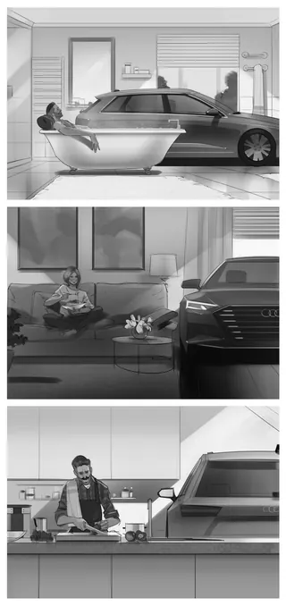 Black and white scenes of modern bathroom, living room with car, man in kitchen by Andriy Vynogradov