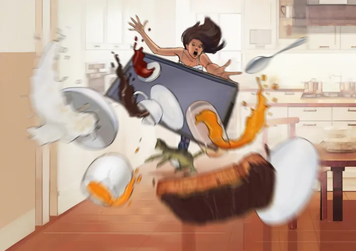 Woman falling into large cooking pot with food flying in kitchen by Andriy Vynogradov