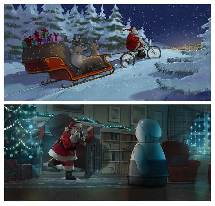 Santa Claus delivering gifts by bicycle and sneaking inside at Christmas by Andriy Vynogradov