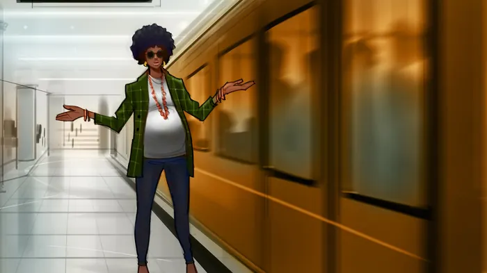 Pregnant woman wearing green jacket waiting at metro station, digital art by Andriy Vynogradov