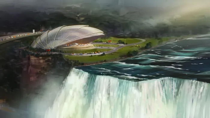 Futuristic stadium by ocean waterfall under dark sky by Andriy Vynogradov