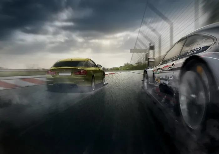 Race cars speeding on wet race track with tire smoke by Andriy Vynogradov