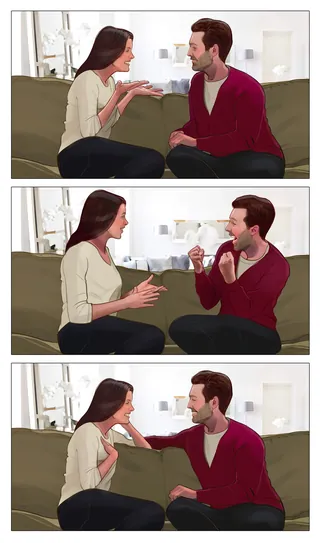 Man and woman talking on a couch by Andriy Vynogradov