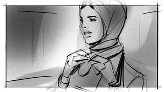 Black and white sketch of woman adjusting headscarf by Andriy Vynogradov