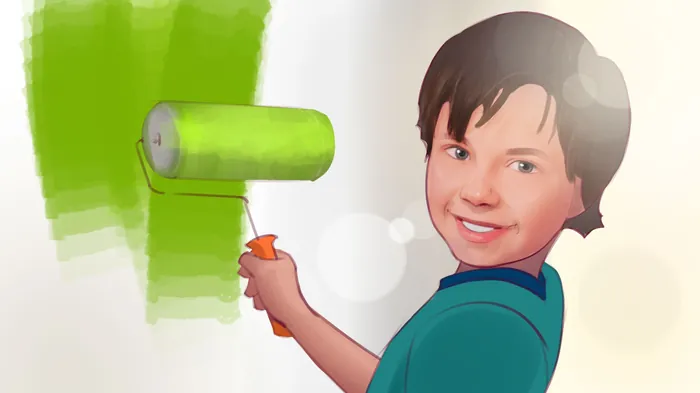 Child painting a wall green with a roller by Andriy Vynogradov