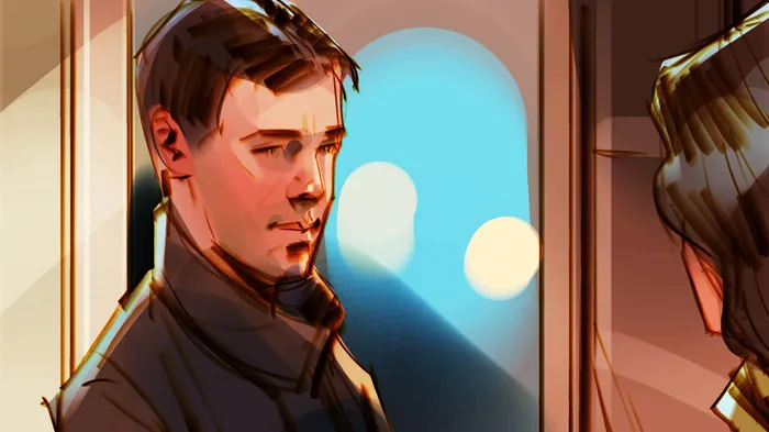 Man talking to woman inside train, artwork by Andriy Vynogradov