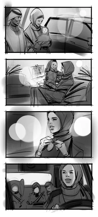 Black and white storyboard sketches of women and child in urban scenes by Andriy Vynogradov