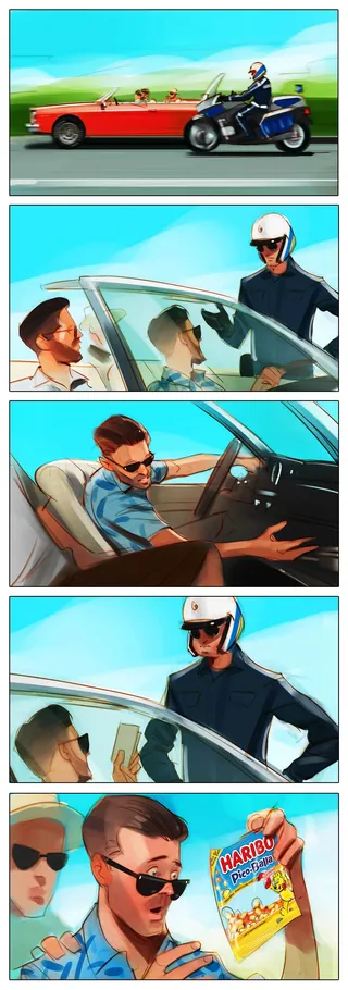 Comic strip of motorcycle cop stopping convertible driver offering snacks by Andriy Vynogradov