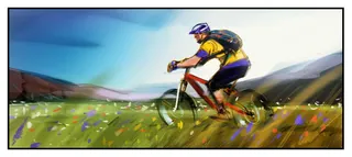 Cyclist on mountain bike riding through grassy field by Andriy Vynogradov