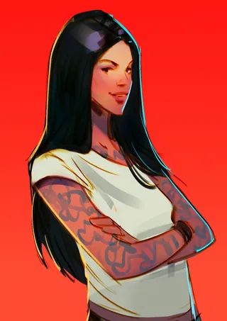 Smiling woman with long black hair and tattoos on arms by Andriy Vynogradov