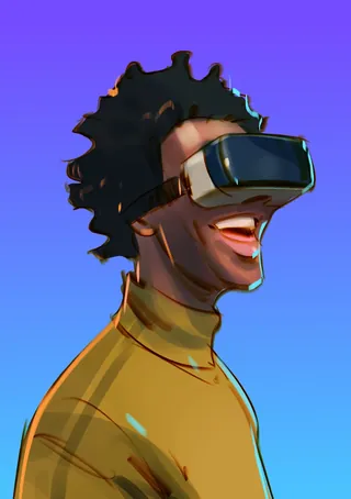 Joyful man wearing virtual reality headset by Andriy Vynogradov