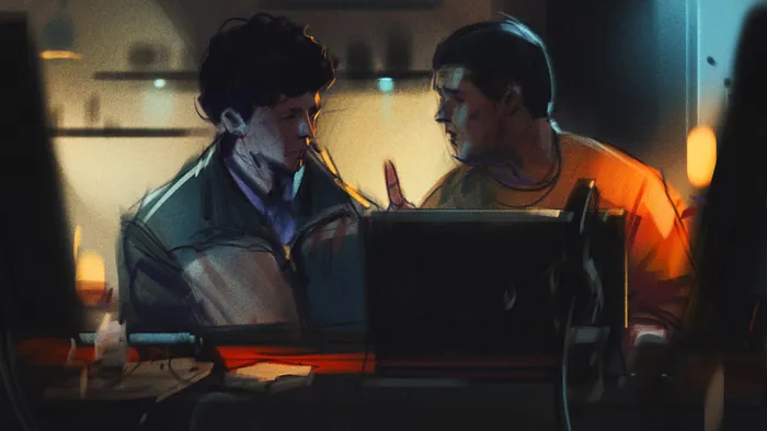 Two men talking seriously in a dimly lit room with computer equipment.