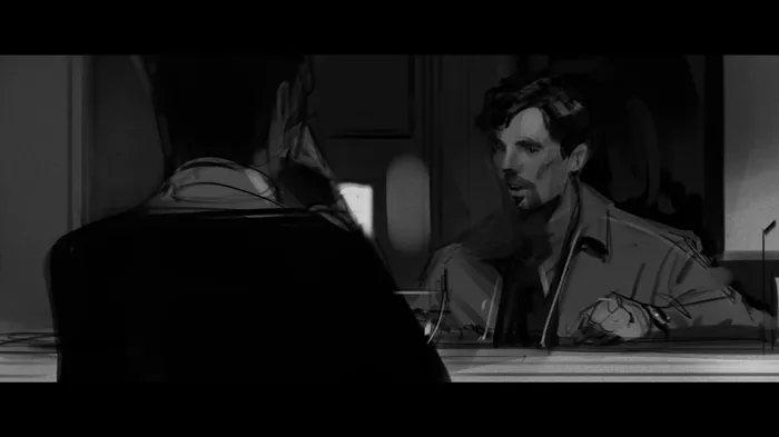 Two men conversing intensely at a bar in black and white.