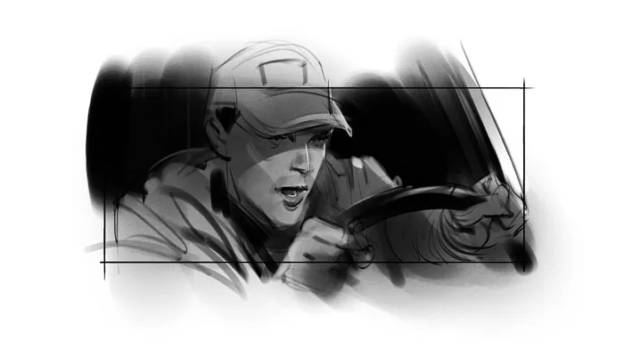 Man wearing cap intensely driving car at night in sketch style