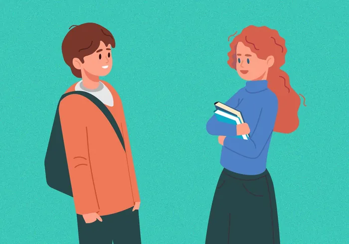 Young man and woman talking with books in hand on teal background