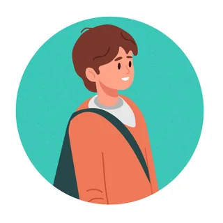 Smiling boy with brown hair wearing orange sweater and backpack